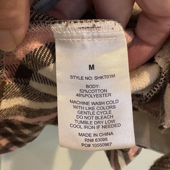 Cavalini Jacket Women Medium Brown Pink Cream Plaid Shacket Button Pockets Fall‎ - Picture 9 of 10